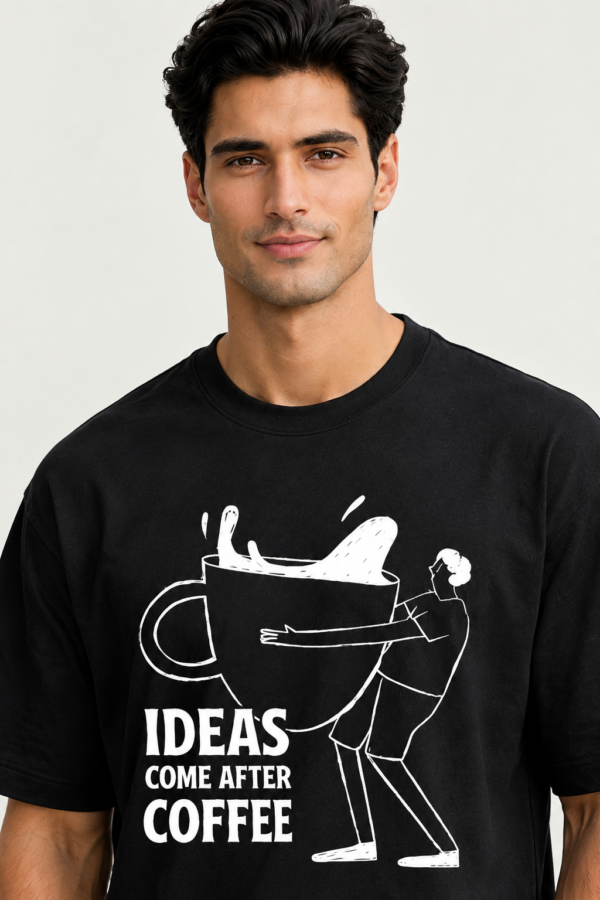 Ideas Come After Coffee Men's Black Graphic T-Shirt | Regular Fit Drop-Shoulder Tee UAE