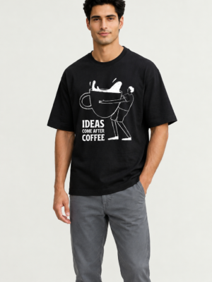 Ideas Come After Coffee Men's Black Graphic T-Shirt | Regular Fit Drop-Shoulder Tee UAE