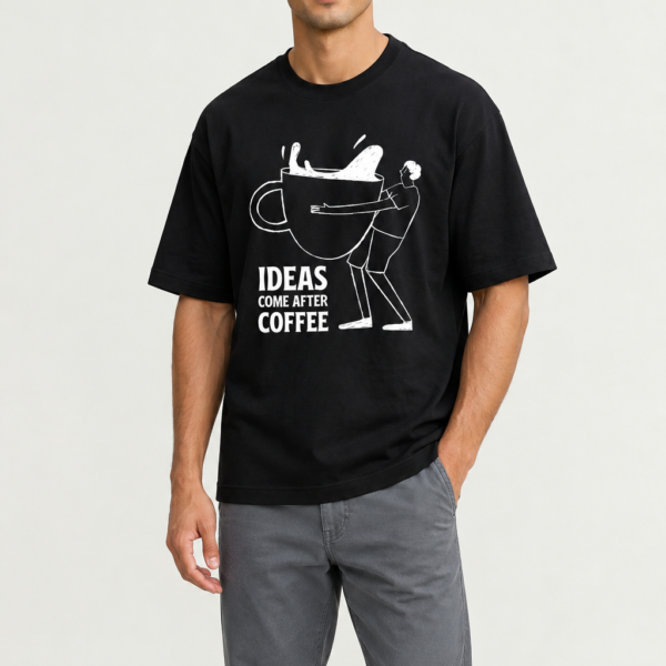 Ideas Come After Coffee Men's Black Graphic T-Shirt | Regular Fit Drop-Shoulder Tee UAE